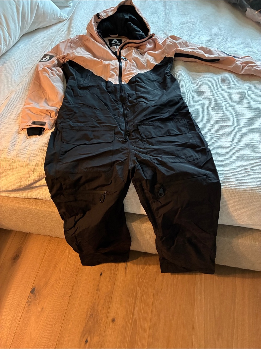 Women's Two-Tone Black and Light Pink Hooded Ski Jumpsuit